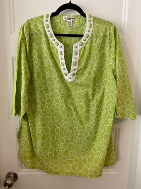 Marisa Christina woman vintage Lime Green Printed Split-Neck 100%cotton Tunic